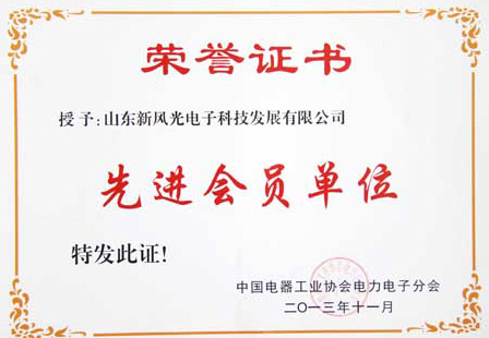 新風光電子公司榮獲中國電器工業(yè)協會電力電子分會“先進